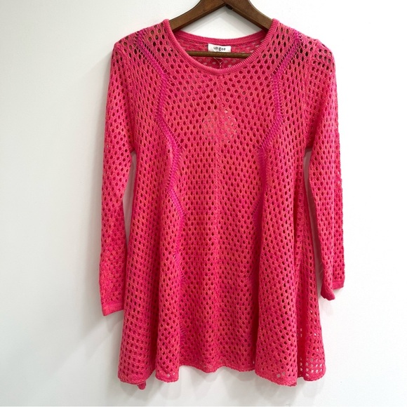 Umgee orange hot pink crochet open knit long sleeve tunic sweater size small - Picture 4 of 9